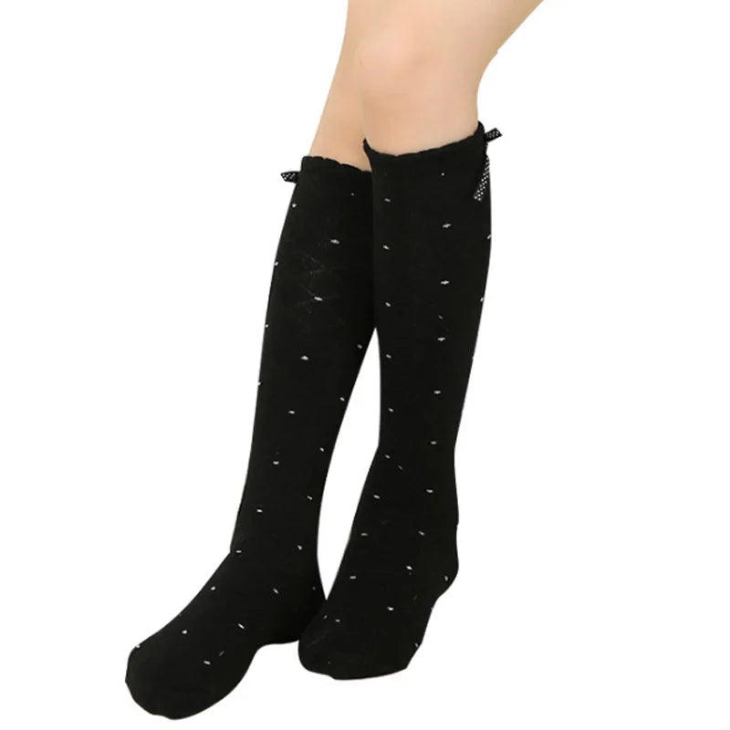 Calcetines hasta la rodilla con coqueto lazo y puntos para niña, calcetines largos de princesapara un estilo propio