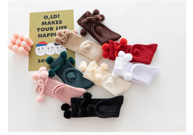 Calcetines para niñas, hasta la rodilla con bolas de cerezas, calcetines de princesa de estilo británico para niños de 0 a 4 años