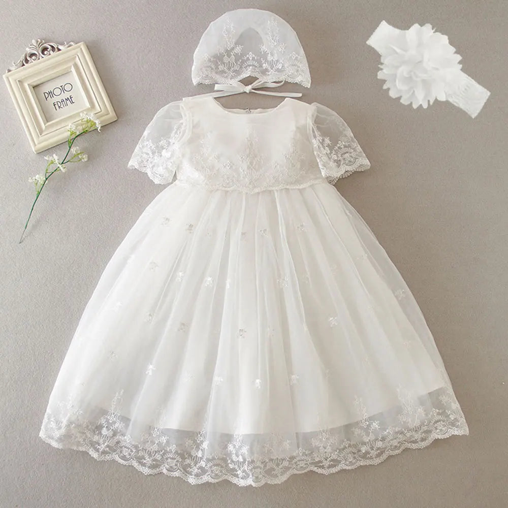 Vestido de encaje blanco para bebé, Vestido de Bautizo para bebé niña de 3 a 24 meses, con sombrero o capota