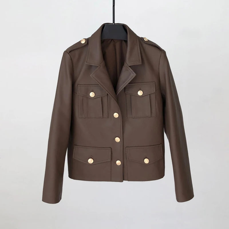100 % ægte læder Casual jakke Dame Frakker 2025 Efterår Elegant Enkeltradede Lommer Slim Suit Krave Fåreskindsjakke Kvinde