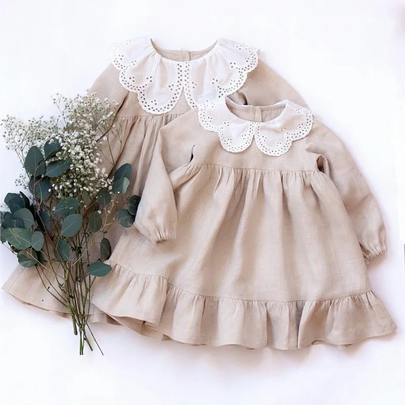 Vestido de lino y algodón para niña, vestido de manga larga de fiesta de cumpleaños moda española para niña