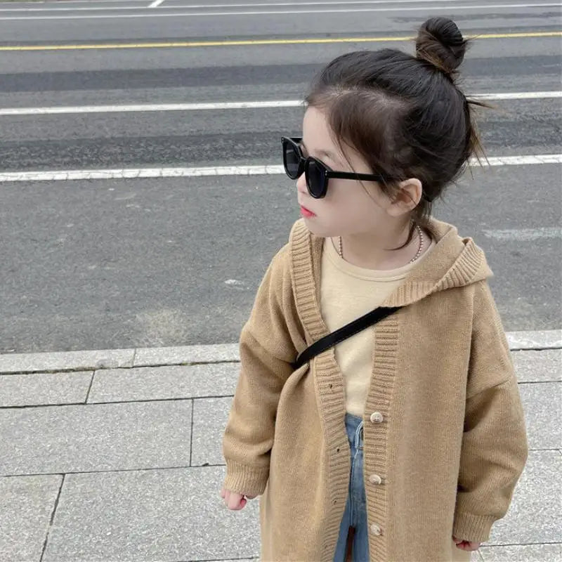 Chaleco largo de punto con capucha de manga larga para niña, para el otoño