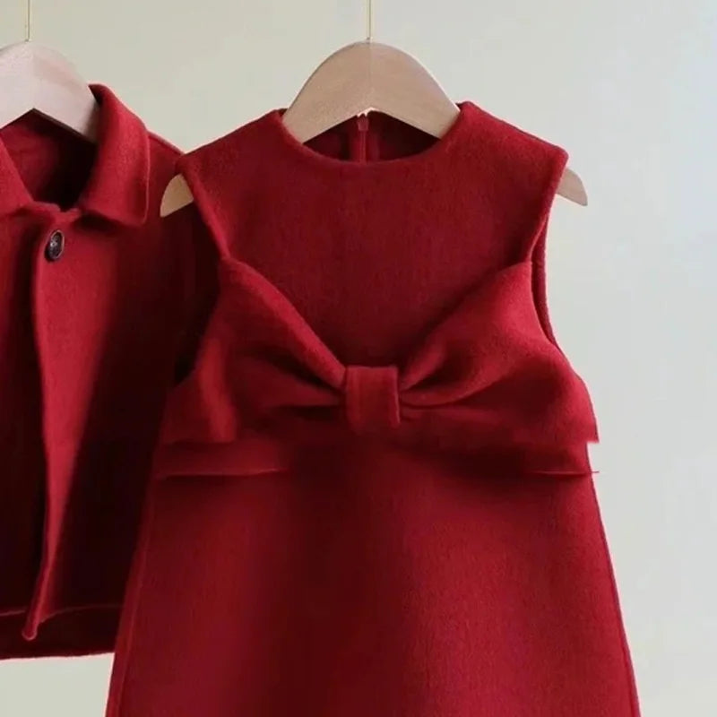 Vestido y capa de lana con lazo para niña, princesa, para invierno, primavera y otoño, con cuello de princesa, para Navidad y Año Nuevo, cumpleaños y fiestas, de 1 a 12 años