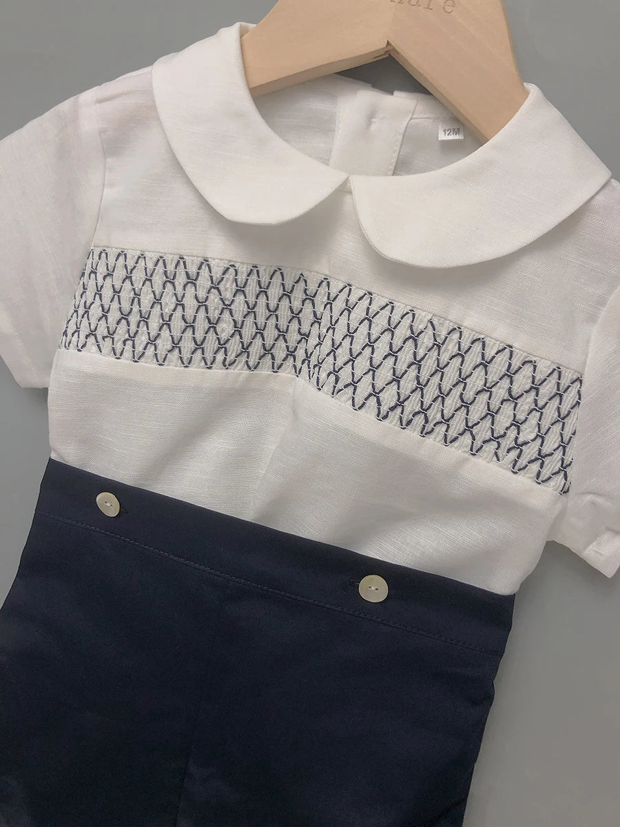 Conjunto de 2 piezas de ropa de boutique para niño, conjunto de moda española de algodón y lino, traje de verano de manga corta, traje de bebé para fiesta