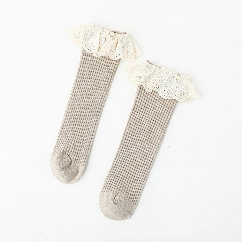 Calcetines largos de algodón para niñas, calcetines con volantes de broderie