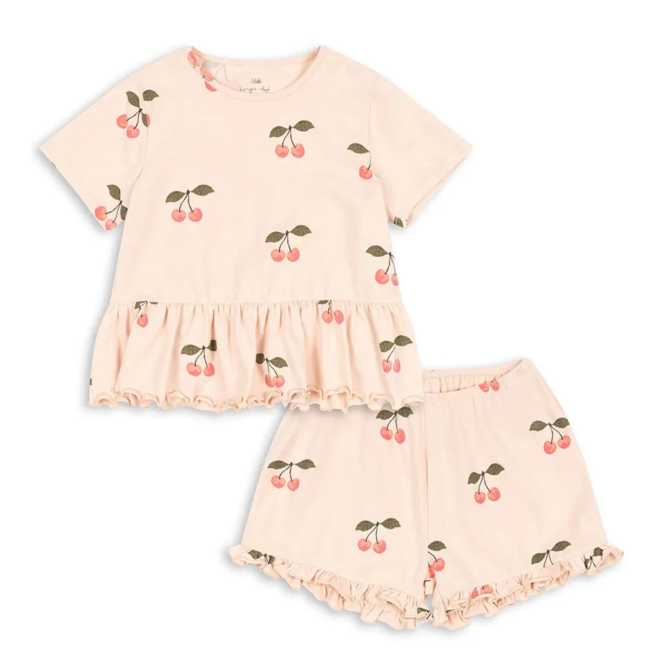 Vestidos con tirantes de verano para niña, estampado de cerezas para niñas, conjuntos de blusa y short, enteritos para bebé niña