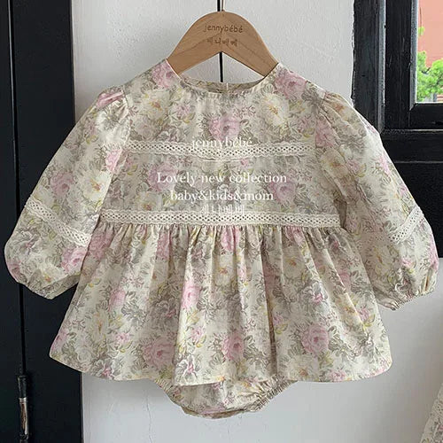 Vestido estilo pastoral para niña, de preciosa manga larga doble abullonado, para otoño y primavera, Vestido de Bautizo para bebé niña y bombacho de Bautizo para bebé niña,