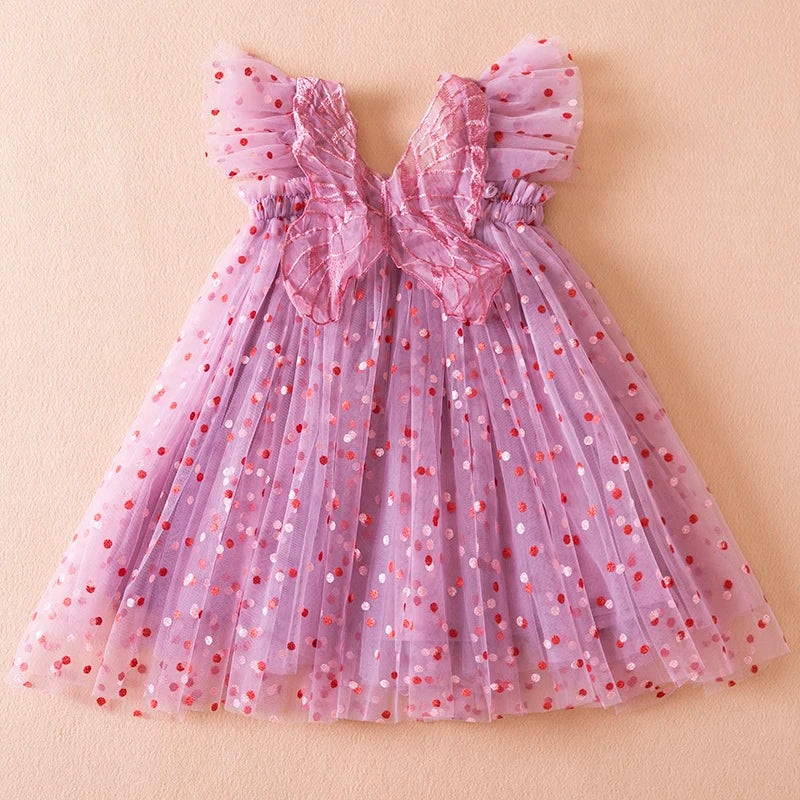 Vestido de hada para verano para niña con mangas voladoras y alas, bordado de fresas y lazo, de princesa, vestido de bautizo, para niñas de 9m a 5 años