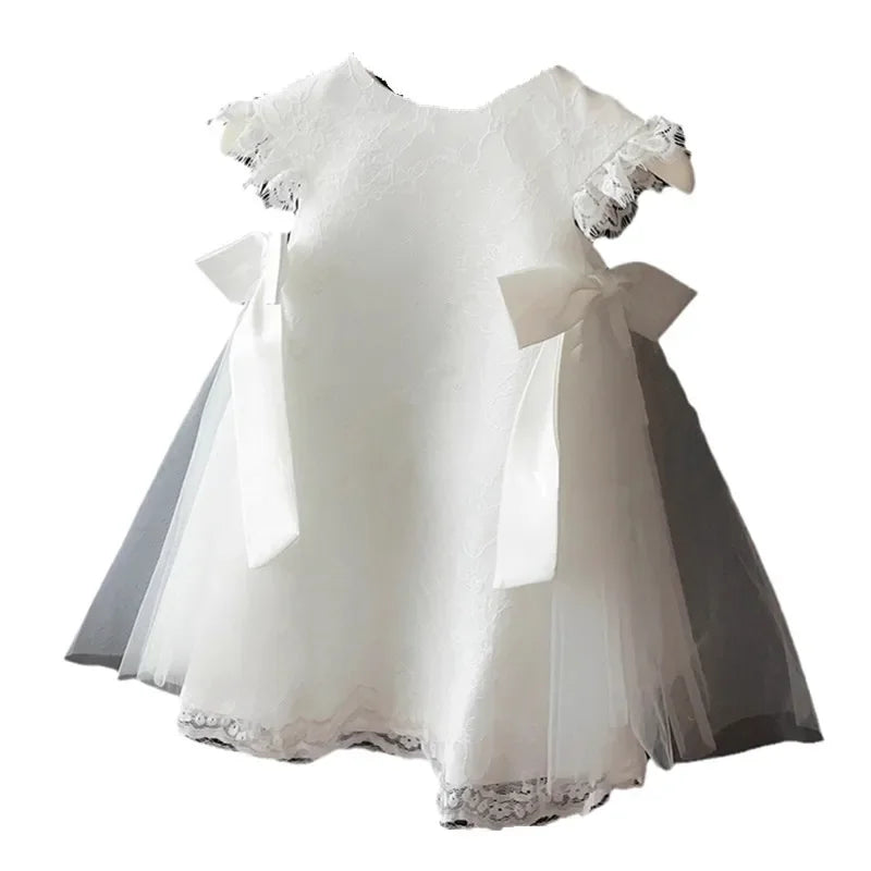 Vestido de princesa para niña, Vestido blanco de bautismo con lazo, mangas de encaje, ropa para fiesta, vestido de boda para bebé y niña
