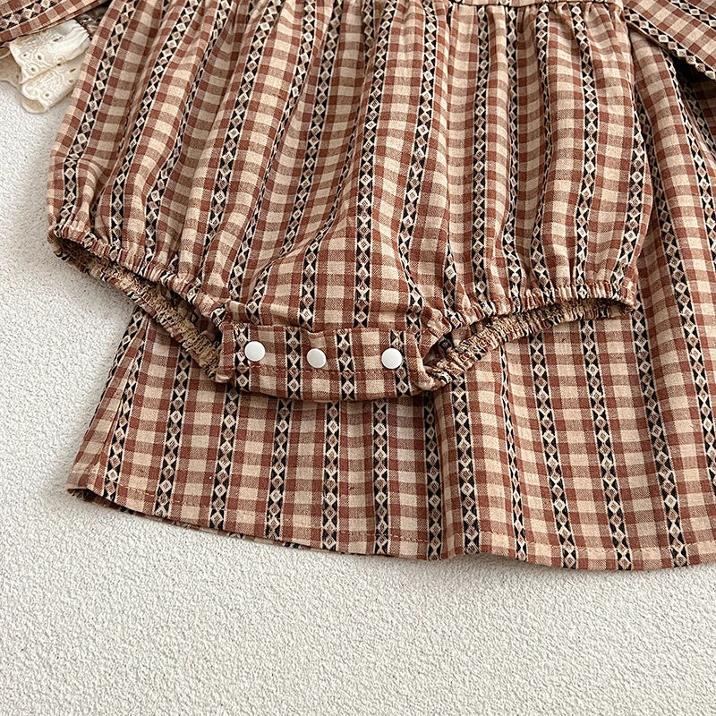 Vestido de cuadrille o de rejilla, manga larga para niñas pequeñas, peleles de otoño para bebés, peleles cuello de broderie para niñas y hermanas