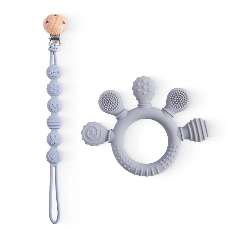 Mordedor de silicona para bebés, calmante de dentición, clip sujetador de chupete