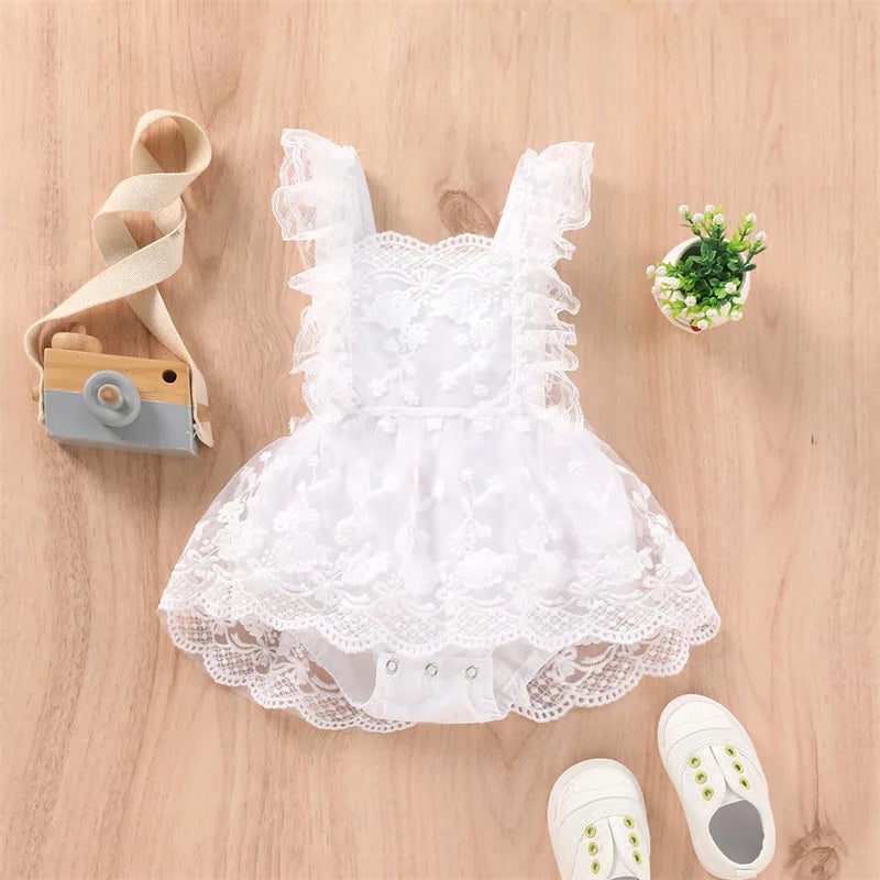 Hermoso y delicado vestido jardinera de verano para bebé recién nacida, mono de encaje con volantes, vestido de bautizo, conjuntos de ropa de 0 a 24 meses