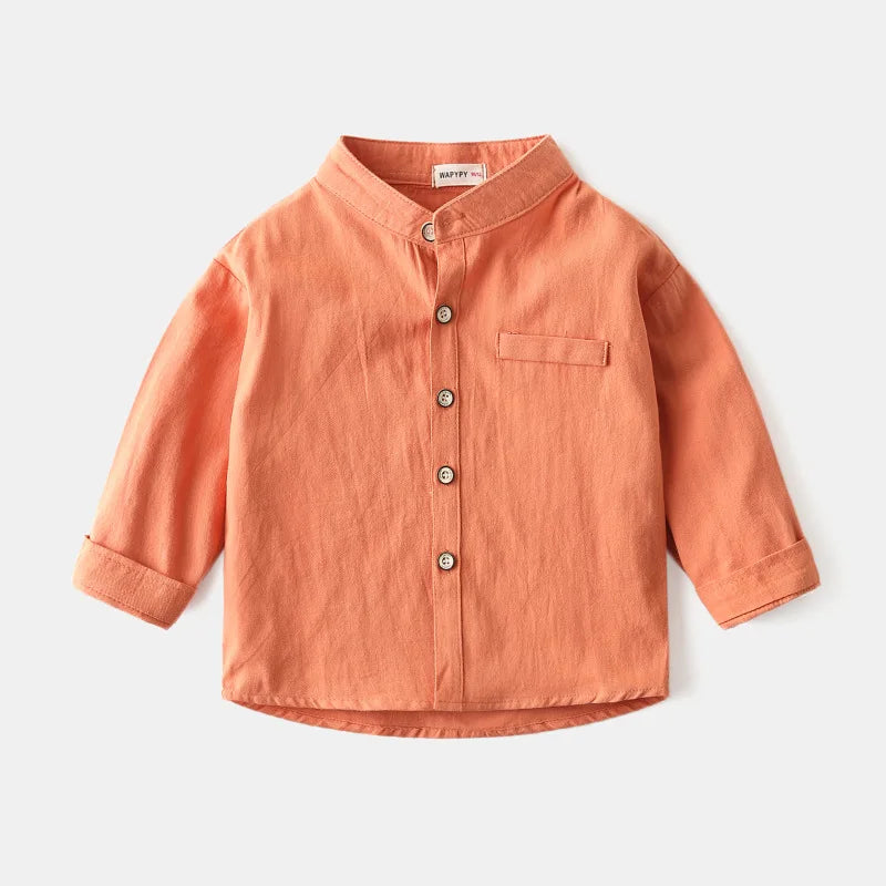 Camisa informal de manga larga para niños, cuello Mao, de algodón puro, colores lisos