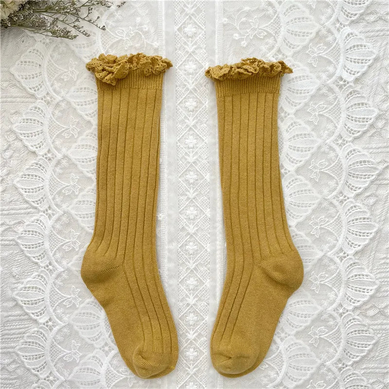 Calcetines hasta la rodilla con volantes para niñas, calcetines largos de algodón suave con encaje de flores, calcetines de uniforme escolar