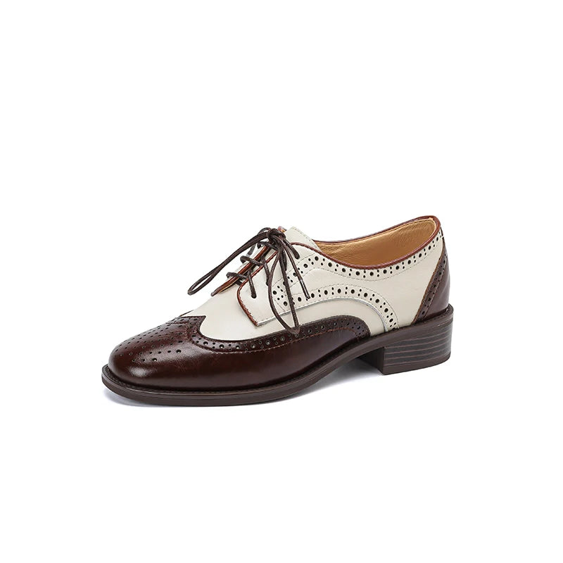 Zapatos Oxford de cuero genuino para mujer, negros y café con blanco, con cordones