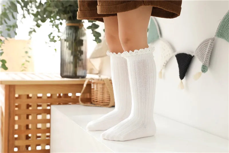 Ruffle Kids Knee High Socks Baby Girls Toddlers Long Soft Cotton Sock Lace Flower Children School Uniform Socks For 0-8 Years