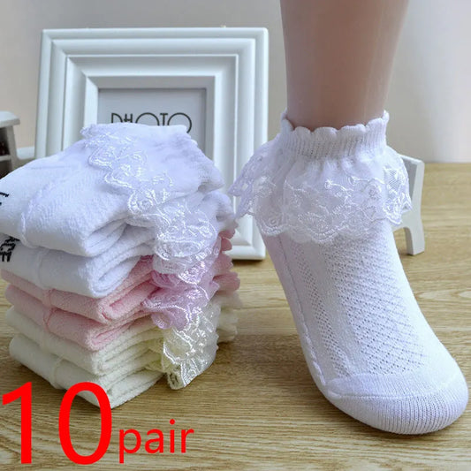 Calcetines para niña, calcetines de encaje con volantes de princesa para niña, calcetines cortos de algodón blanco