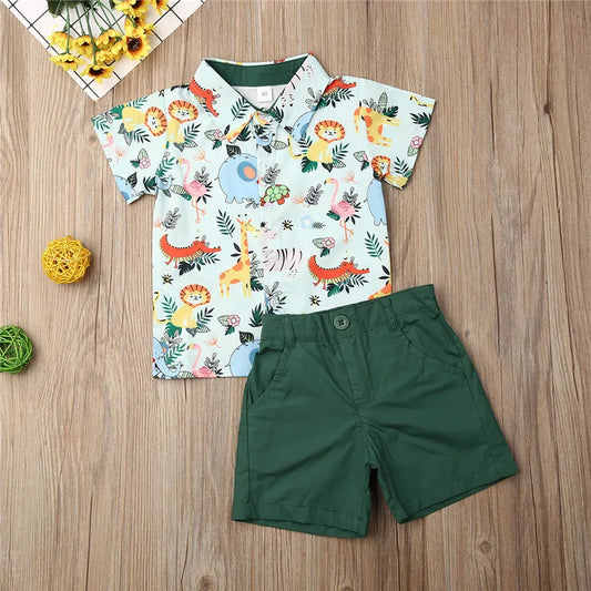 Conjunto de ropa para niños, camisa con diseño de mono y tigre, pantalones cortos verdes para verano