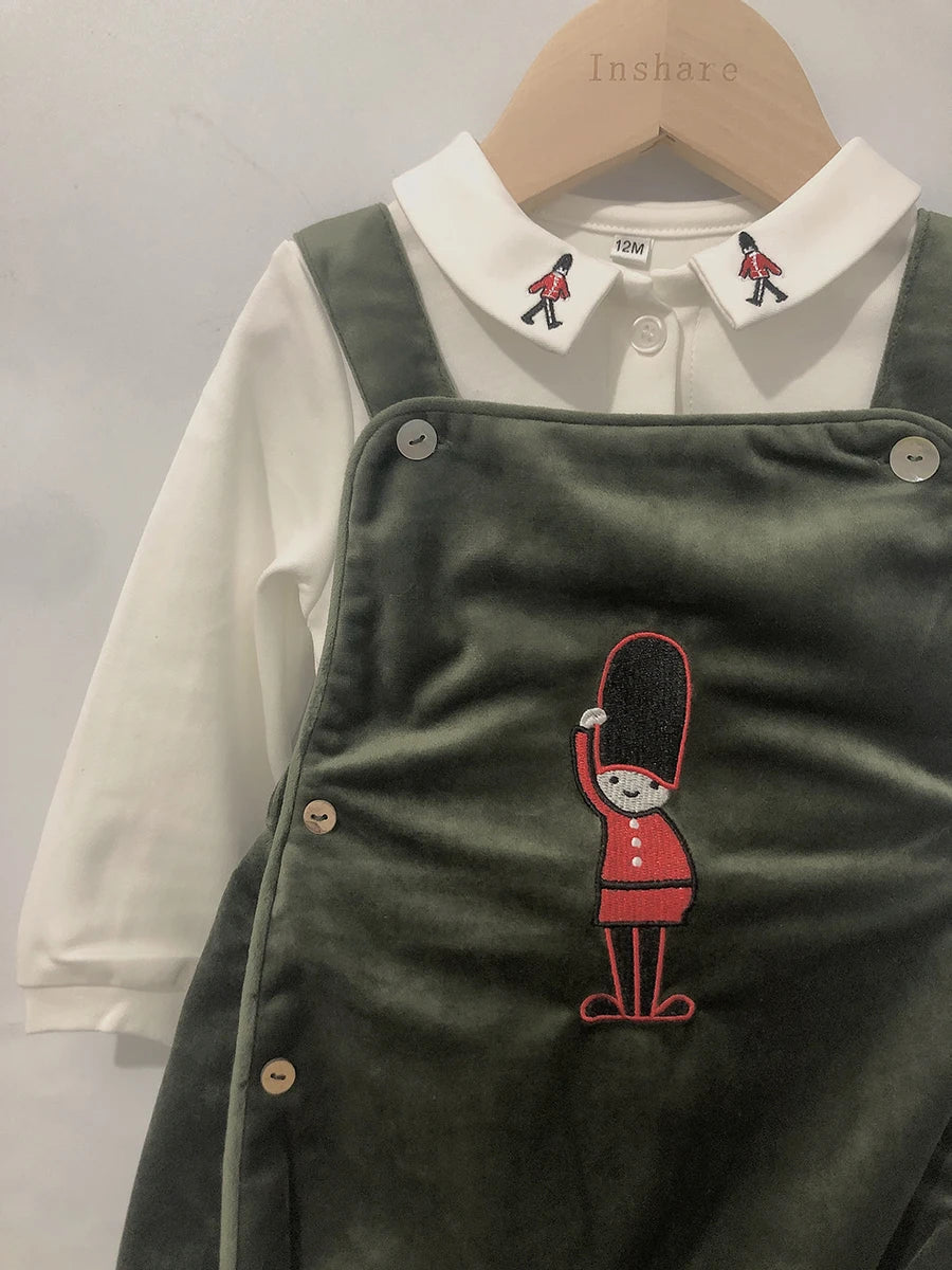 Ropa infantil de boutique Ropa de bebé con Soldado Bordado en Terciopelo, Culotte con tirantes, Camisa de algodón, Conjunto navideño Niño y niña 0-3 años