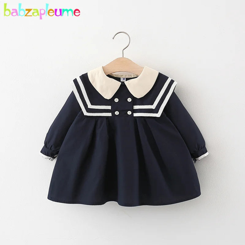 Hermoso vestido clásico de primavera y otoño para bebé y niñas pequeñas, ropa moda española con cuello tipo marinero, vestido de algodón de manga larga para bebé niña