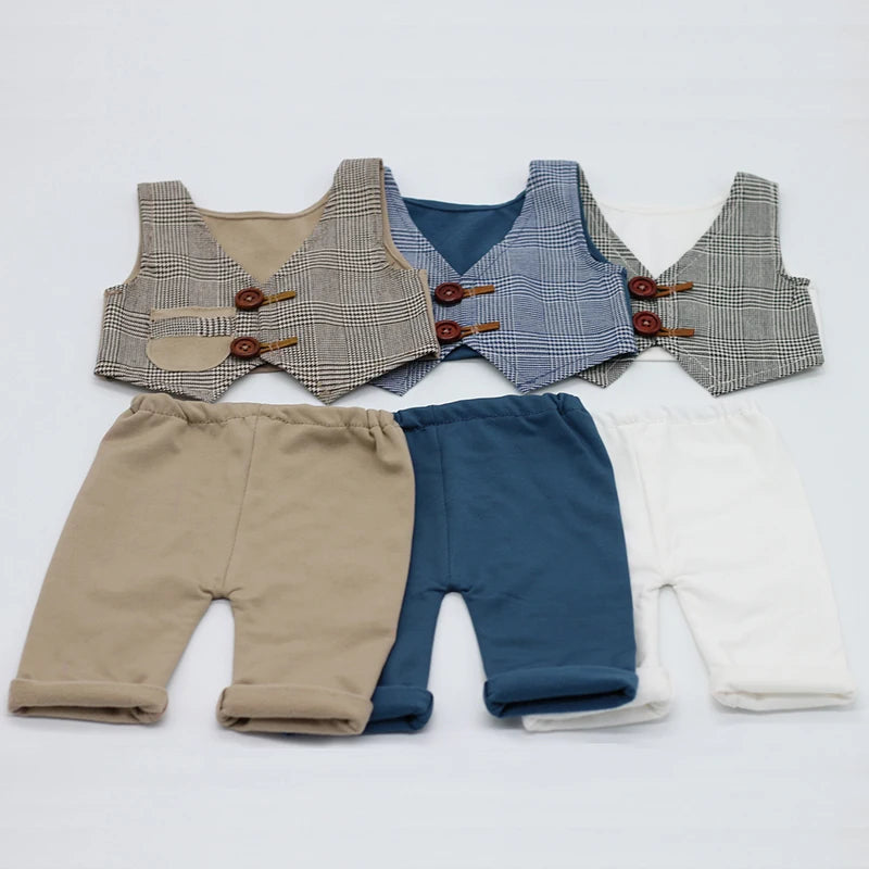 Increíble conjunto de fotografía para bebés recién nacidos, chaleco a cuadros, pantalones, ropa de caballero para bebés