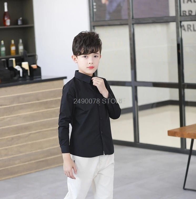 Camisa blancas o negra para niños, camisa formal de algodón sólido para niños y adolescentes de 4 a 16 años