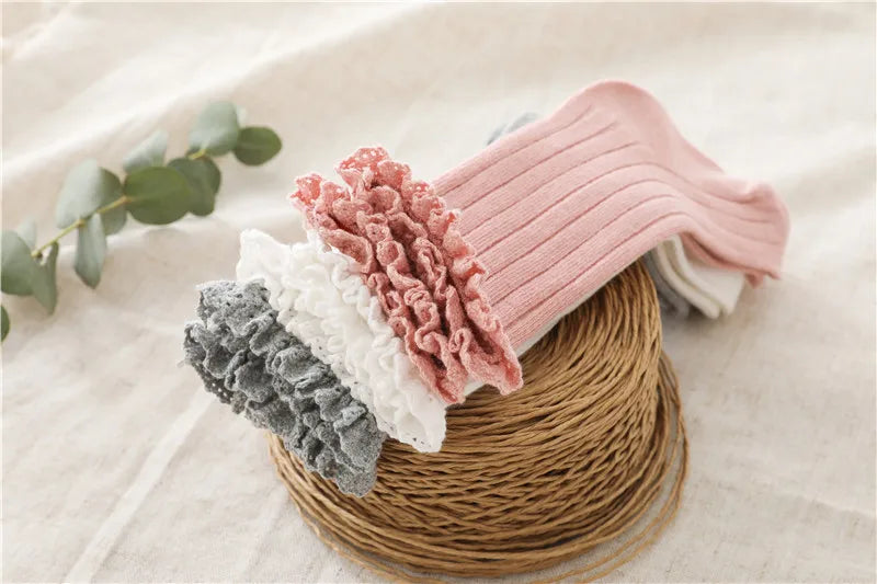 Ruffle Kids Knee High Socks Baby Girls Toddlers Long Soft Cotton Sock Lace Flower Children School Uniform Socks For 0-8 Years