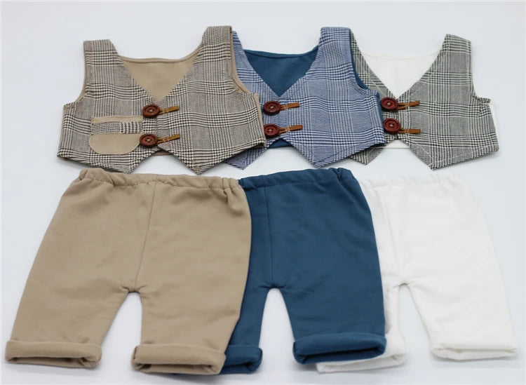 Increíble conjunto de fotografía para bebés recién nacidos, chaleco a cuadros, pantalones, ropa de caballero para bebés