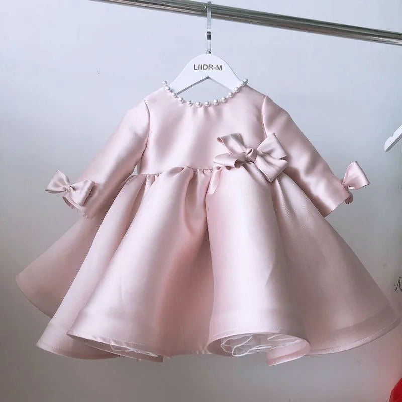 Vestido de princesa de seda con perlas para niña pequeña, con lazo, manga larga, estilo vintage, vestido de fiesta para niña de 1 a 7 años