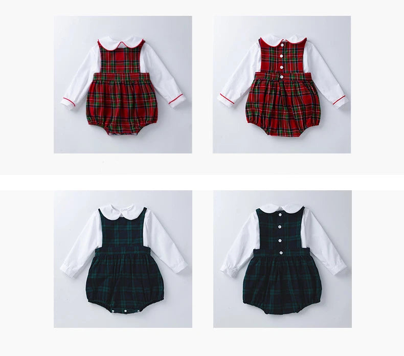 Spring 2Pcs Children Clothes Sets Toddler Girl Long Sleeve White Tops+Rompers Newborn Red Plaid Jumpsuit Baby Onesies Outfits