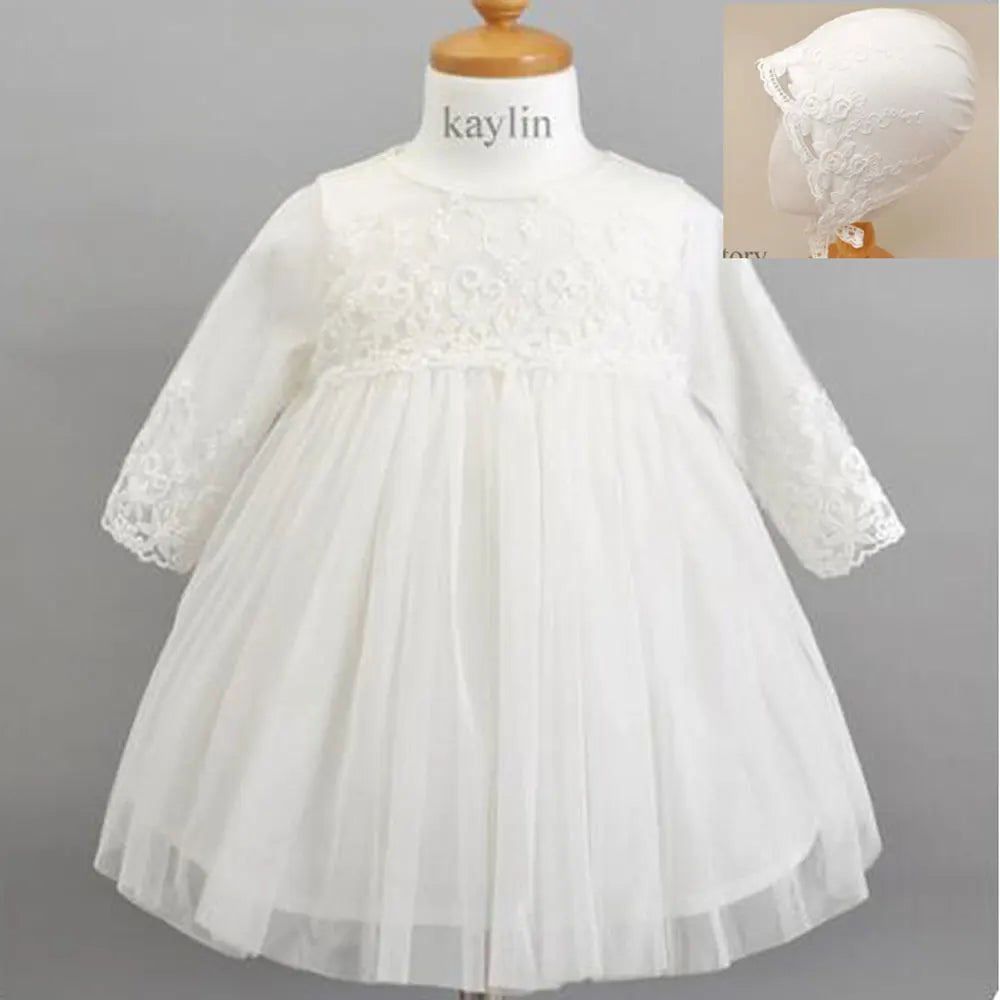Vestido de bautizo para bebé, vestido de encaje blanco y tul con capota