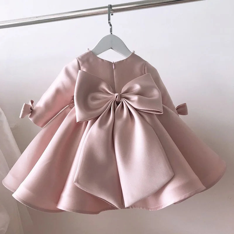 Vestido de princesa de seda con perlas para niña pequeña, con lazo, manga larga, estilo vintage, vestido de fiesta para niña de 1 a 7 años