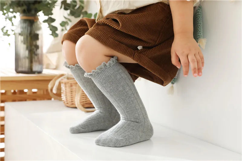 Ruffle Kids Knee High Socks Baby Girls Toddlers Long Soft Cotton Sock Lace Flower Children School Uniform Socks For 0-8 Years