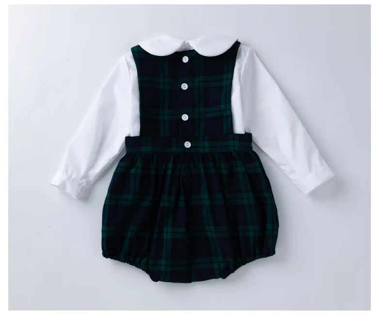 Spring 2Pcs Children Clothes Sets Toddler Girl Long Sleeve White Tops+Rompers Newborn Red Plaid Jumpsuit Baby Onesies Outfits