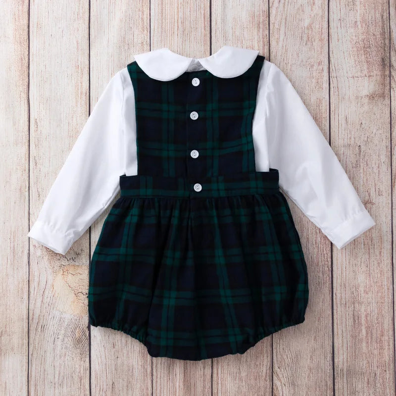Spring 2Pcs Children Clothes Sets Toddler Girl Long Sleeve White Tops+Rompers Newborn Red Plaid Jumpsuit Baby Onesies Outfits