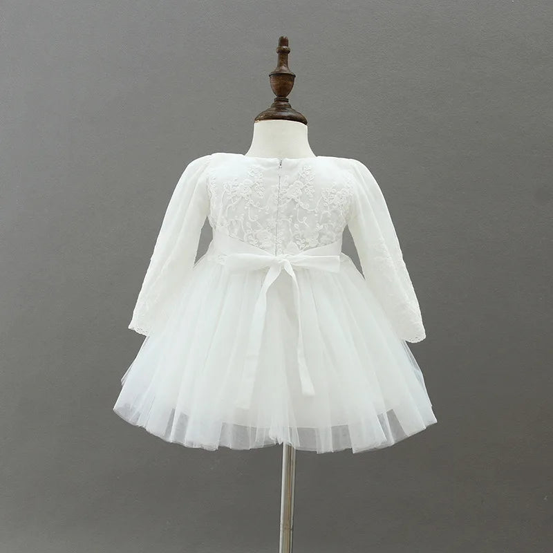 Vestido de bautizo para bebé, vestido de encaje blanco y tul con capota