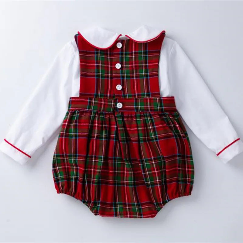 Spring 2Pcs Children Clothes Sets Toddler Girl Long Sleeve White Tops+Rompers Newborn Red Plaid Jumpsuit Baby Onesies Outfits