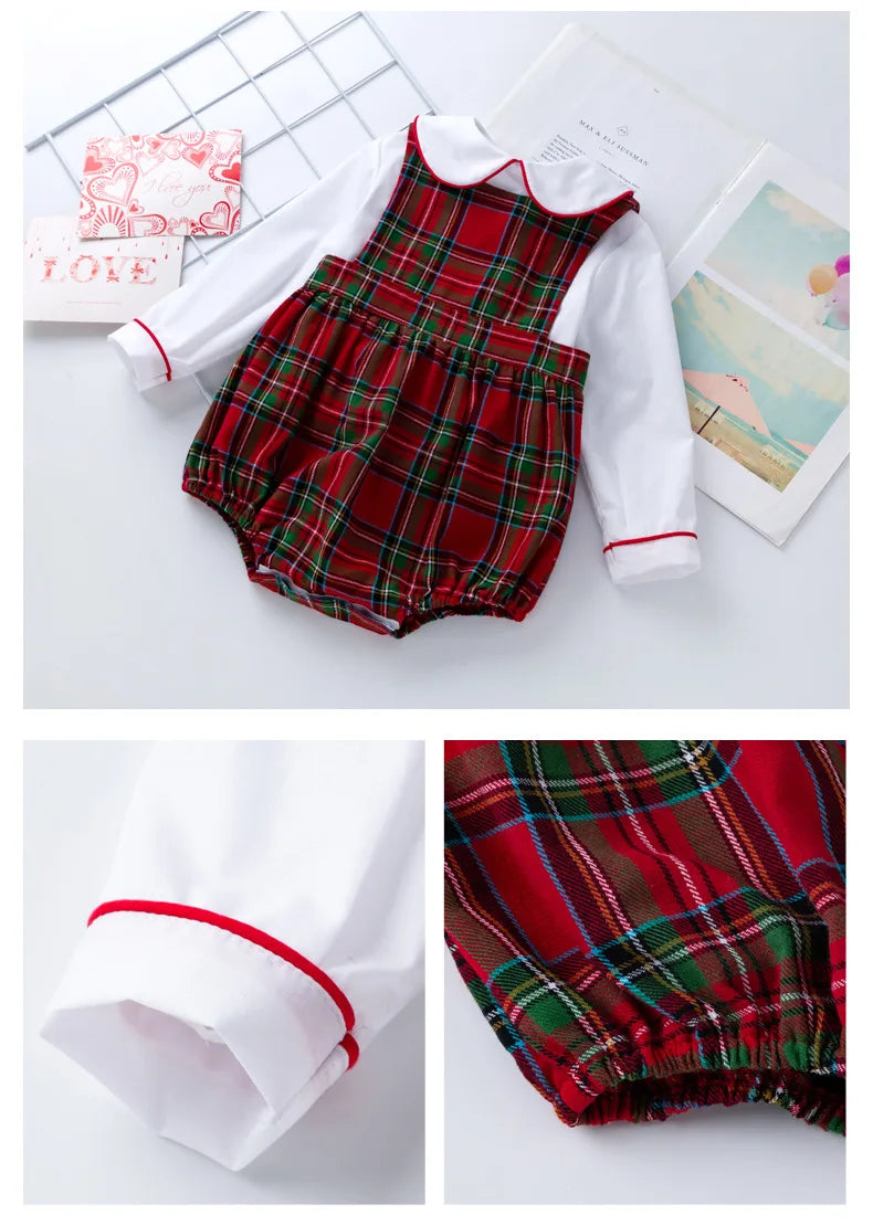 Spring 2Pcs Children Clothes Sets Toddler Girl Long Sleeve White Tops+Rompers Newborn Red Plaid Jumpsuit Baby Onesies Outfits