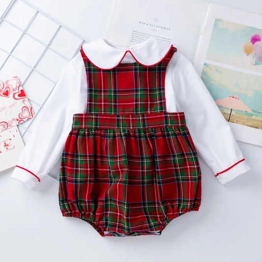 Spring 2Pcs Children Clothes Sets Toddler Girl Long Sleeve White Tops+Rompers Newborn Red Plaid Jumpsuit Baby Onesies Outfits