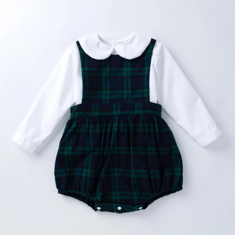 Spring 2Pcs Children Clothes Sets Toddler Girl Long Sleeve White Tops+Rompers Newborn Red Plaid Jumpsuit Baby Onesies Outfits