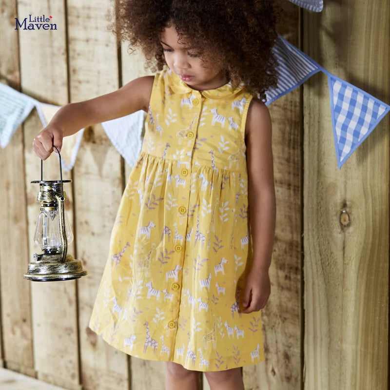 Encantador vestido de algodón para el verano para niñas con aplicación de caballo, para el verano