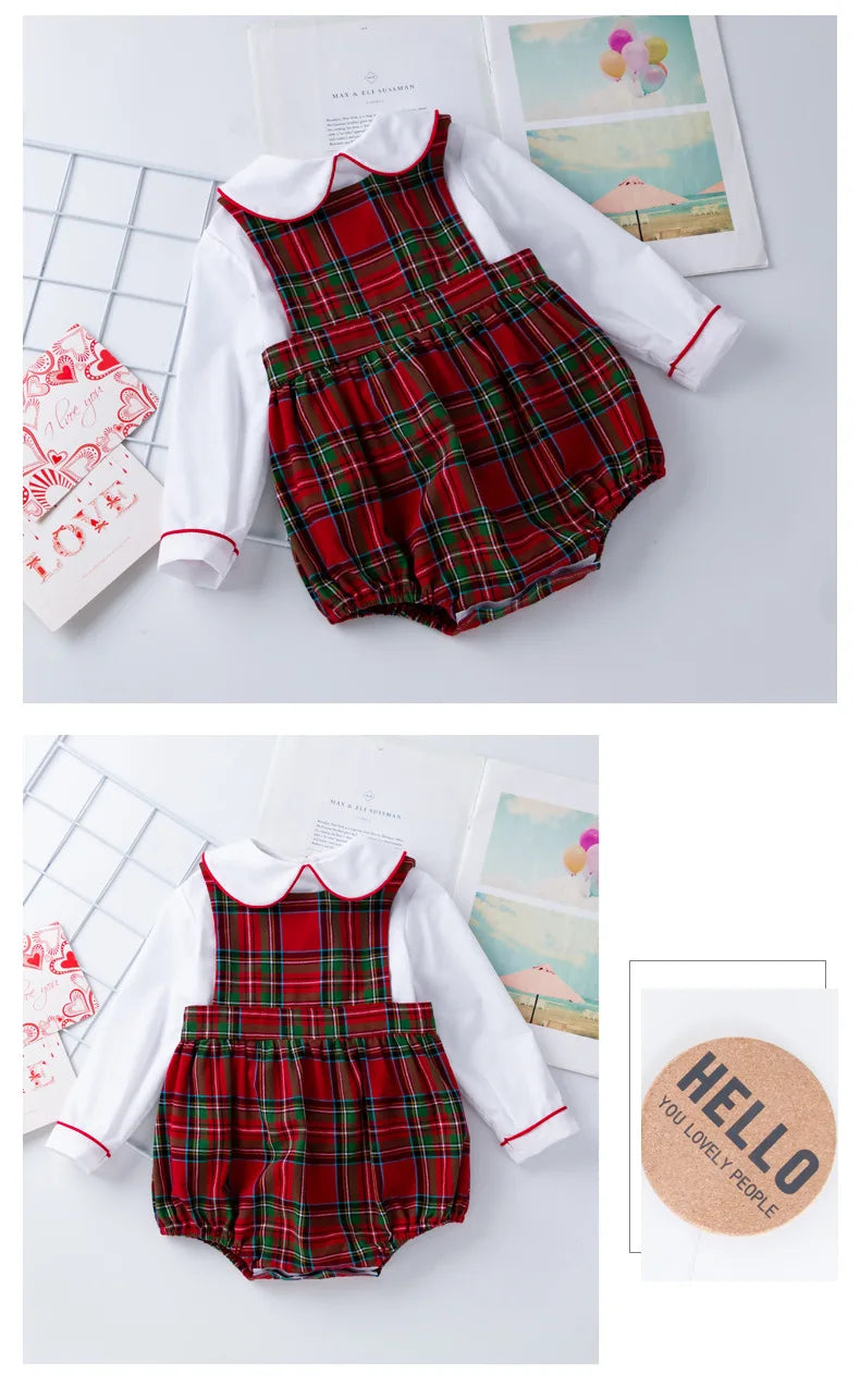 Spring 2Pcs Children Clothes Sets Toddler Girl Long Sleeve White Tops+Rompers Newborn Red Plaid Jumpsuit Baby Onesies Outfits