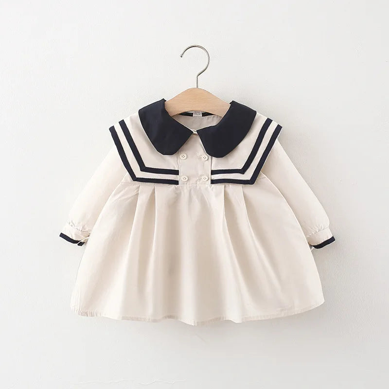 Hermoso vestido clásico de primavera y otoño para bebé y niñas pequeñas, ropa moda española con cuello tipo marinero, vestido de algodón de manga larga para bebé niña
