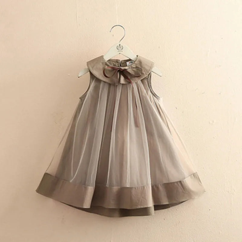 Hermoso y elegante vestido tipo gasa o tul y raso, sin mangas para fiestas de verano, cuello Peter Pan y lazo, para niñas, estilo Inglés