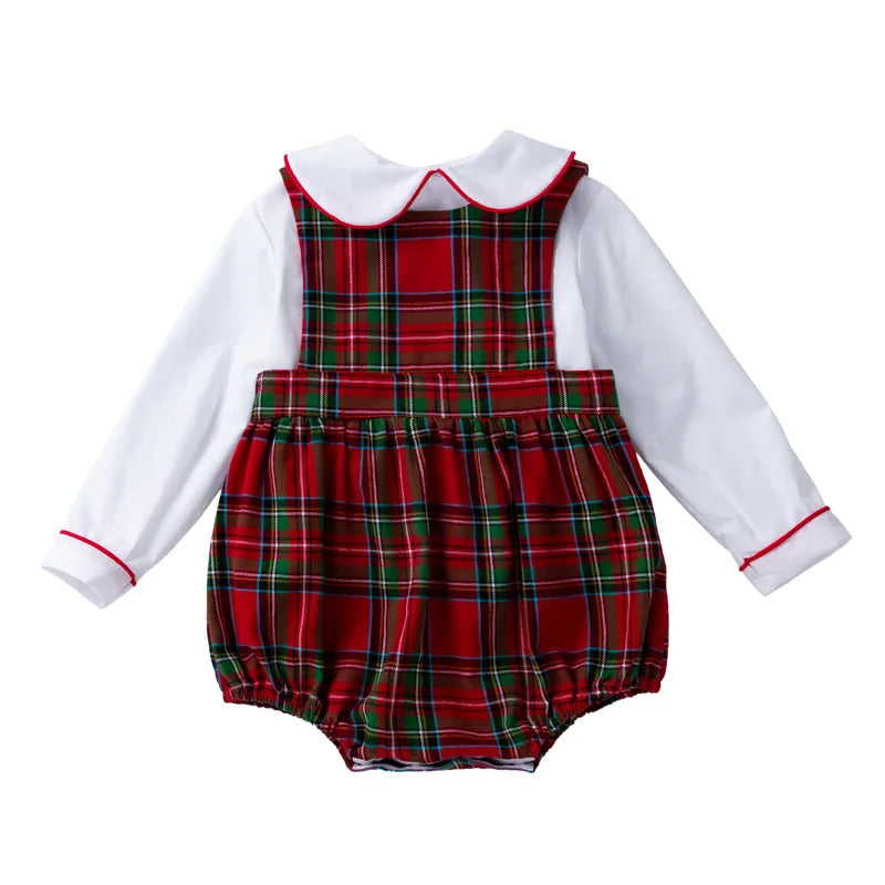 Spring 2Pcs Children Clothes Sets Toddler Girl Long Sleeve White Tops+Rompers Newborn Red Plaid Jumpsuit Baby Onesies Outfits