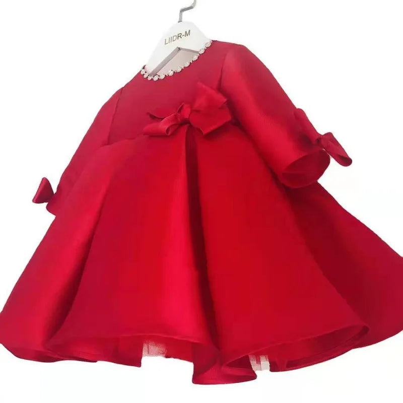 Vestido de princesa de seda con perlas para niña pequeña, con lazo, manga larga, estilo vintage, vestido de fiesta para niña de 1 a 7 años