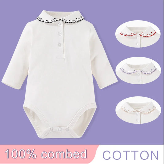 Hermosos peleles blancos con cuello bordado para bebé, camisa de algodón de manga larga para primavera y otoño