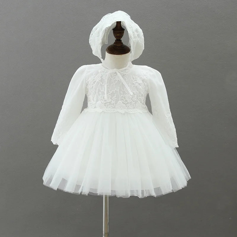 Vestido de bautizo para bebé, vestido de encaje blanco y tul con capota