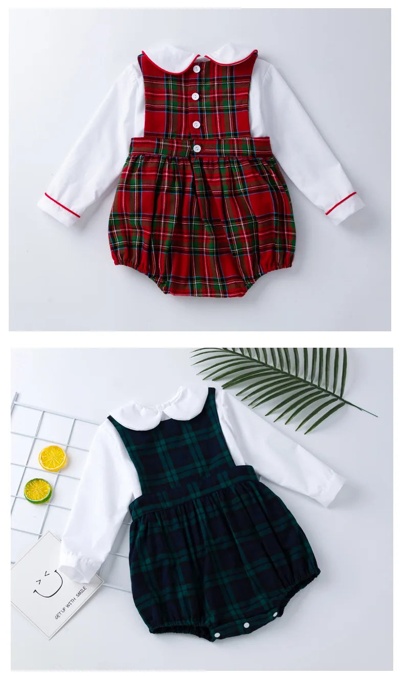 Spring 2Pcs Children Clothes Sets Toddler Girl Long Sleeve White Tops+Rompers Newborn Red Plaid Jumpsuit Baby Onesies Outfits