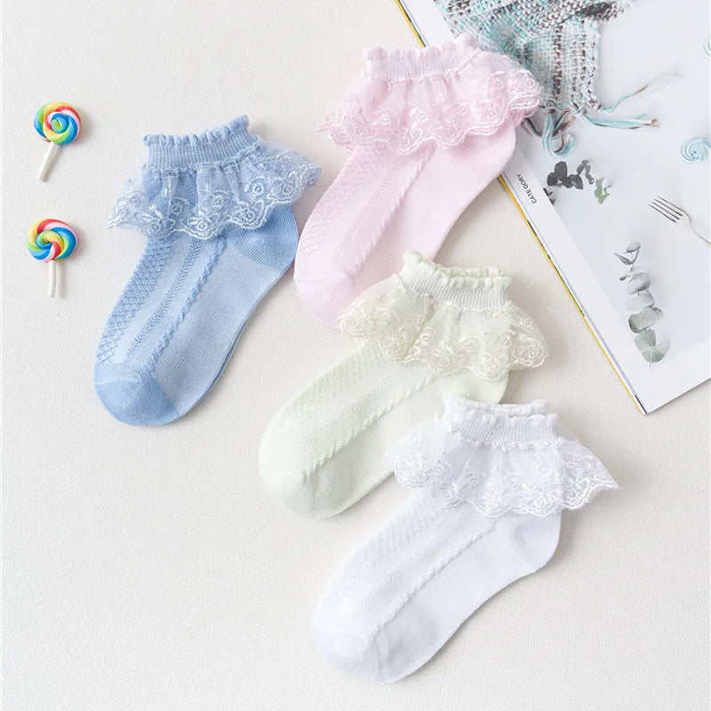 Calcetines para niña, calcetines de encaje con volantes de princesa para niña, calcetines cortos de algodón blanco